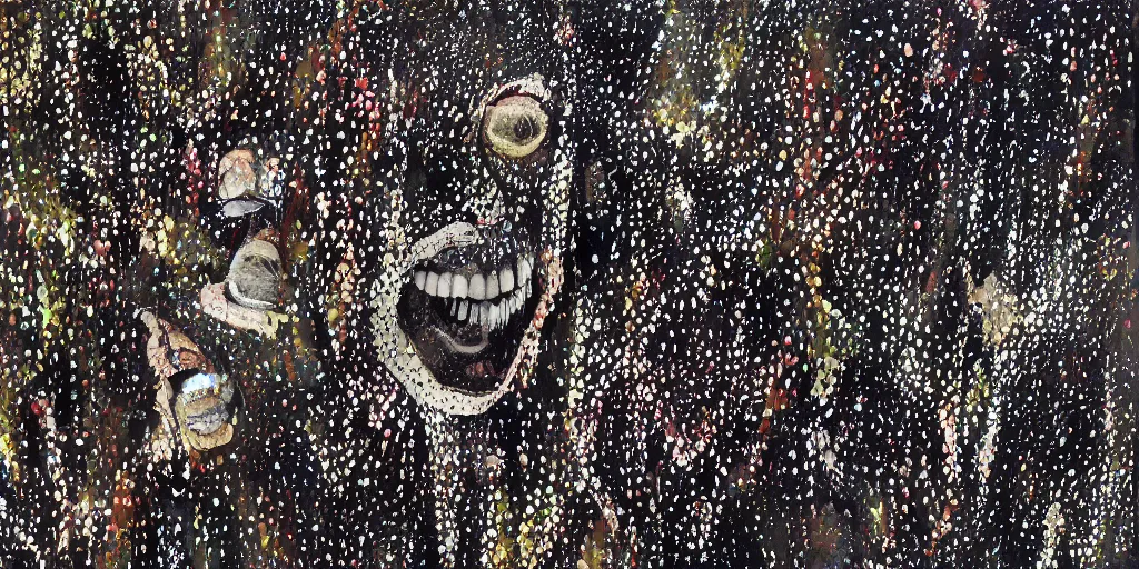 Image similar to camo made of teeth, smiling, abstract, francis bacon artwork, cryptic, dots, stipple, lines, splotch, color tearing, pitch bending, faceless people, dark, ominous, eerie, minimal, points, technical, old painting