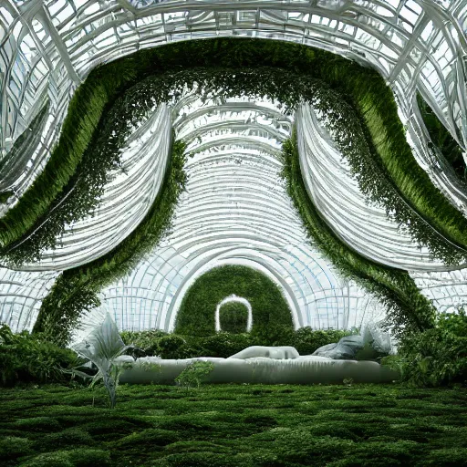 Prompt: a white massive luxurious dome interior built with biomaterials like mycelium, ( ( symmetrical ) ), greenery, plants, water flow, refletive windows, furniture, walls made of mycelium in the style of zaha hadid, roman vlasov, refined editorial photograph, highly detailed, unreal engine 5, octane render, 8 k n - 9