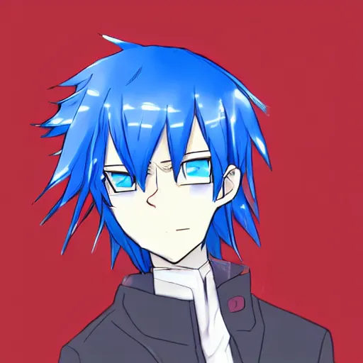 Image similar to Tall anime guy with blue eyes, blue hair wearing bordeaux shirt and white elegant jacket drawn in the style of Nanashi manga author