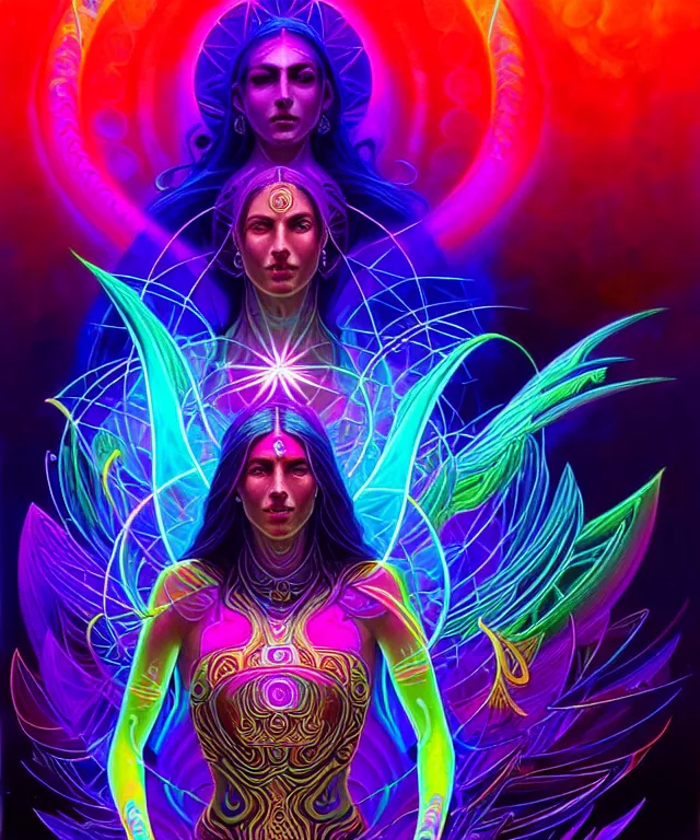 Image similar to epic scale cinematic full centered view chromaticity dmt goddess alex grey character concept of a beautiful colorful crystals powder liquids, glowing fluorescent velvet neon blacklight hues and saturation, sacred dmt color goddess visionary fantasy art by greg rutkowski android jones artgerm alphonse max chroma rule of thirds golden ratio sacred geometry ai generated art centered symmetrical threefold symmetry