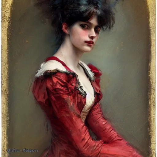 Image similar to Jean-Baptiste Monge and Solomon Joseph Solomon and Richard Schmid and Jeremy Lipking victorian genre painting portrait painting of a young beautiful woman marverl DC comic book character fantasy costume, red background