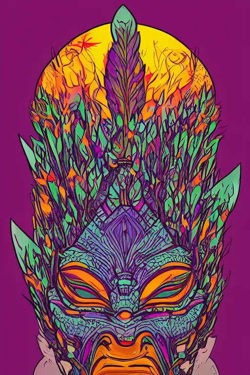 Image similar to animal mask totem roots flower tribal feather gemstone plant wood rock shaman vodoo video game vector cutout illustration vivid multicolor borderlands comics by josan gonzales and dan mumford radiating a glowing aura