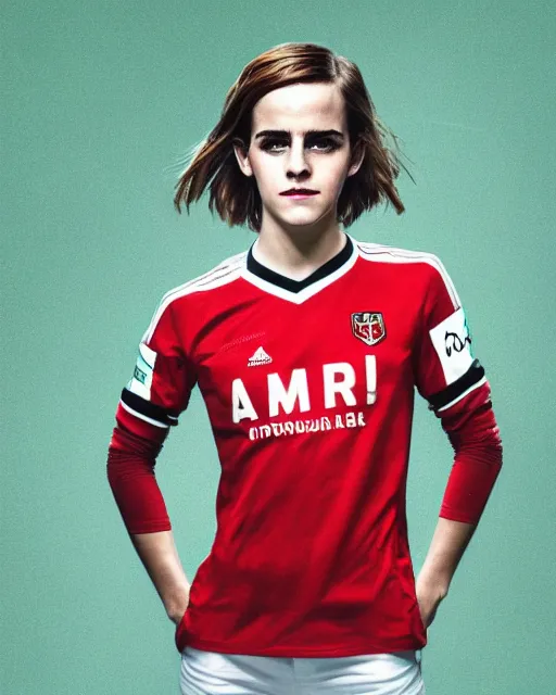 Image similar to a portrait of emma watson wearing lokomotiv football shirt, hyper realistic