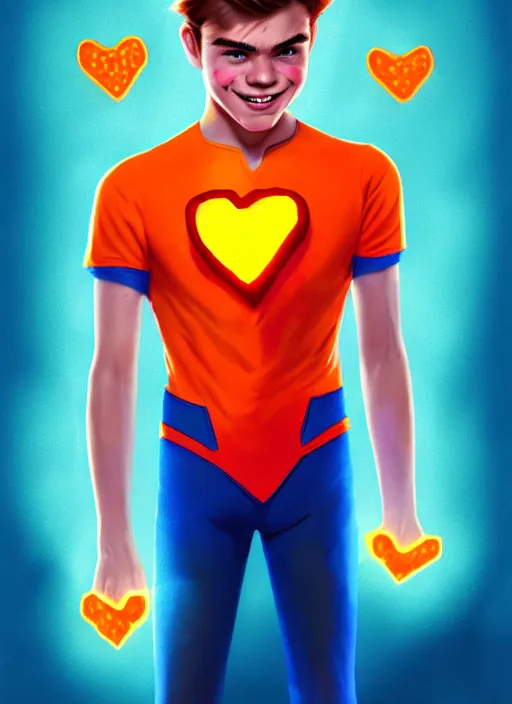 Image similar to friendly teenage archie andrews wearing an orange superhero costume with heart logo, heart, freckles, blue cape, heart emblem on chest, blue cape, intricate, elegant, glowing lights, highly detailed, digital painting, artstation, sharp focus, illustration, art by wlop, mars ravelo and greg rutkowski