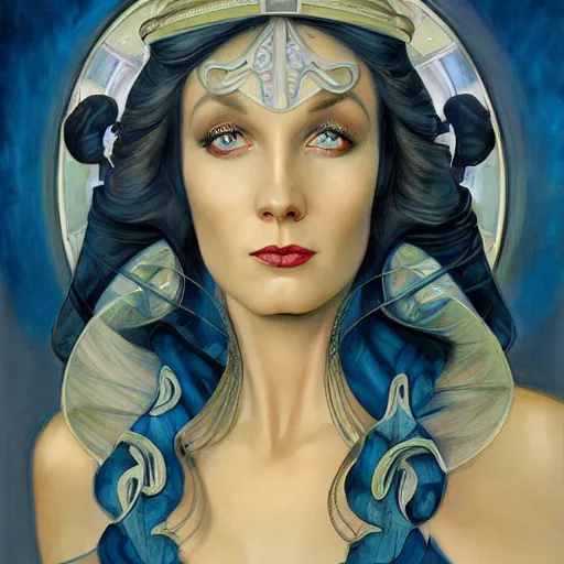 Image similar to an art nouveau, ( streamline moderne ), multi - racial portrait in the style of donato giancola and anna dittmann and charles dulac. very large, clear, expressive, and intelligent eyes. symmetrical, centered, ultrasharp focus, dramatic lighting, photorealistic digital matte painting, intricate ultra detailed background.