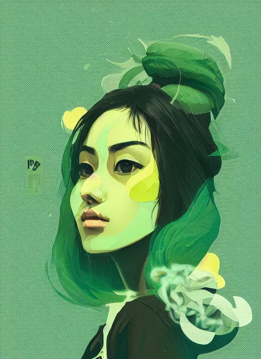 Image similar to pretty girl profile picture by sachin teng, weed, marijuana, organic painting, hard edges, masterpiece, smoke, asymmetrical, green, matte paint, energetic