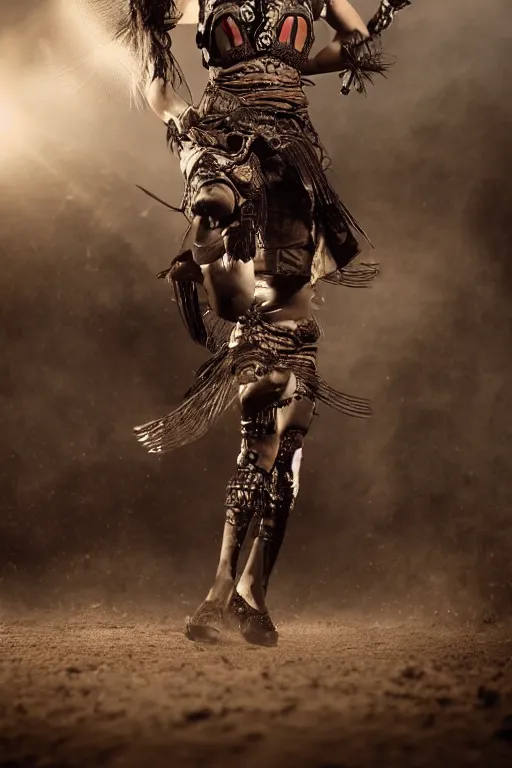 Image similar to old vintage full body photo of ancient Mexican warrior female on the complex big steam punk airboard with antigravity engine, extreme sports photography , dynamic photography,symmetrical face, beautiful female face, slim body, high speed,dirt and grawel flying in the spot, lens flares, dust in the air, dramatic lighting, intricate, highly detailed, centered, smooth, sharp focus, sports photography, old photo, black and white, sepia, cinematic lighting, cinematic angle, national geographic