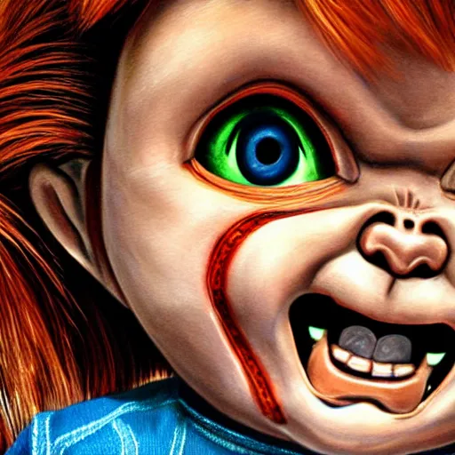 Image similar to Chucky the doll scary painting 4k detail