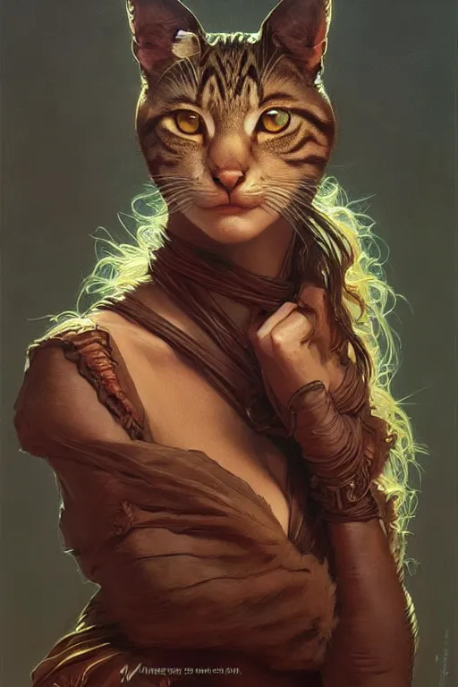 Image similar to portrait of a queen cat gir, dark, piercing eyes, gentle expression, elegant clothing, photorealistic, highly detailed, artstation, smooth, sharp focus, art by michael whelan, artgerm, greg rutkowski and alphonse mucha