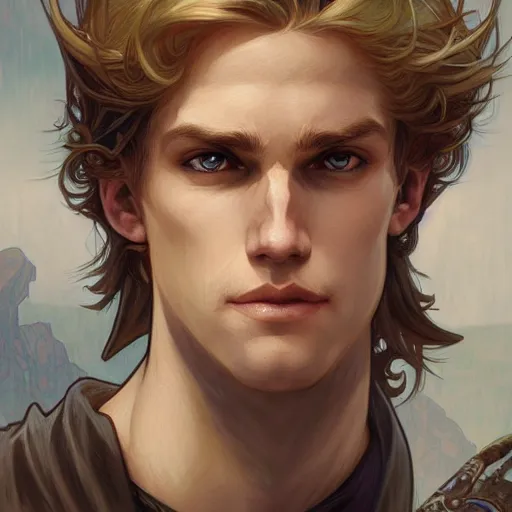 Prompt: an epic fantasy comic book style portrait painting of a young blonde boy thief, d & d, fantasy, intricate, elegant, highly detailed, digital painting, artstation, concept art, matte, sharp focus, illustration, art by artgerm and greg rutkowski and alphonse mucha