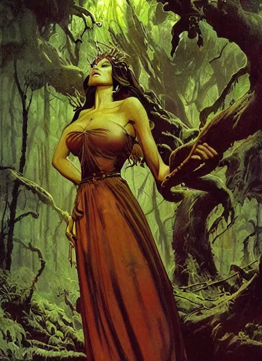 Image similar to mighty fey queen, vine dress, glowing forest, strong line, eerie color, beautiful! coherent! by frank frazetta, by brom