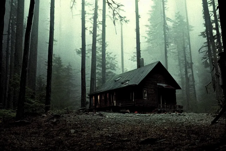 Image similar to film still of cabin in woods, cinematic, moody, gritty neon noir by emmanuel lubezki