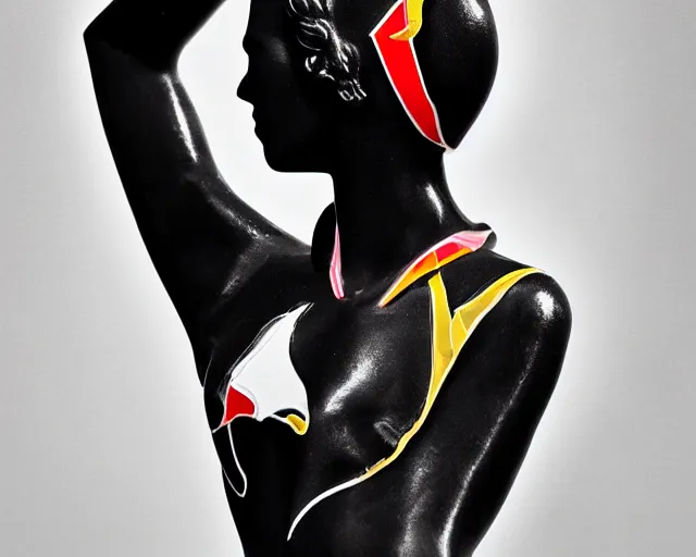 Image similar to extremely beautiful black marble statue with colorful motocross logos behind her, sharp focus, clear, detailed,, cinematic, detailed, off white, glamourous, symmetrical, vogue, editorial, fashion, magazine shoot, glossy