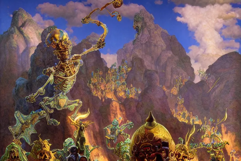 Image similar to skeleton horde attacking a tibetian temple in the mountains, beautiful day, concept art, beautiful, by maxfield parrish, by gustave dore, by peter mohrbacher, by alphonse mucha, sharp focus, vivid color, rainbowshift, octane render, cgi, rule of thirds