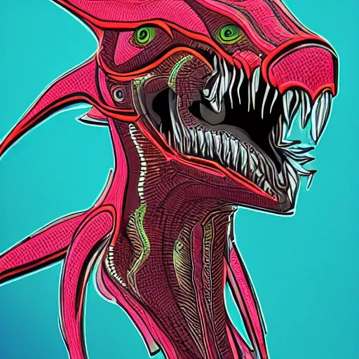 Image similar to a detailed tarot card of a futuristic cyborg velociraptor, neon outline, mouth open in a terrifying roar, 8 k, artstation, pixiv