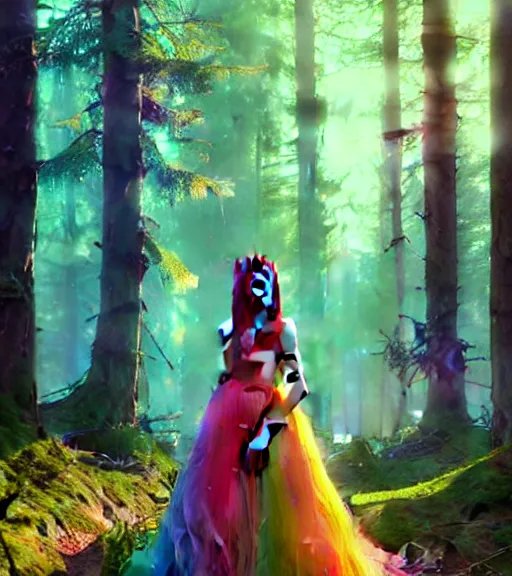 Prompt: highly detailed portrait of women wearing rainbow gown in middle of colorful forest in gta v, stephen bliss, unreal engine, fantasy art by greg rutkowski, loish, rhads, ferdinand knab, makoto shinkai and lois van baarle, ilya kuvshinov, rossdraws, tom bagshaw, global illumination, radiant light, detailed and intricate environment