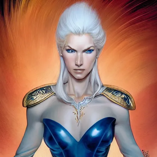 Prompt: Portrait of a tall blonde blue-eyed elf woman with white hair, wearing stylish white and gold clothes, intricate, elegant, highly detailed, smooth, sharp focus, detailed face, warm and gentle smile, graphic novel, art by stanley artgerm and Ardian Syaf and Pepe Larraz,