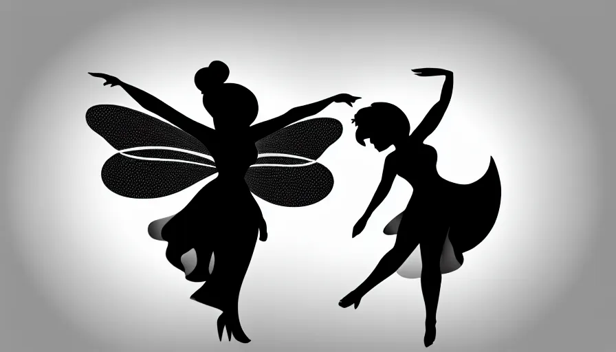 Image similar to flat black vector silhouette of a fairy, pure white background, 4 k resolution