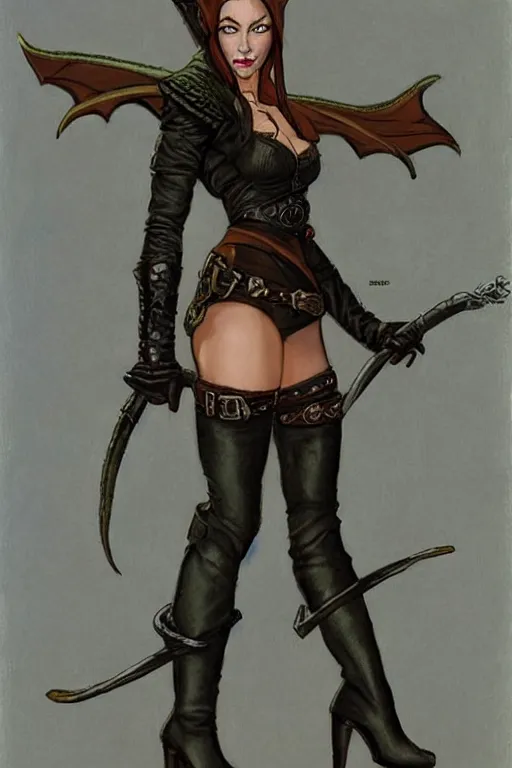 Image similar to Full body portrait of a beautiful female Half-Elf Rogue in high heeled leather boots in the style of Gerald Brom