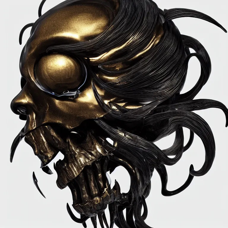 Image similar to black background. absolutely symmetrical sculpture. centered. goddess princess face close-up portrait ram skull. sculpture made of gold and black charcoal. jellyfish phoenix head, nautilus, orchid, skull, betta fish, bioluminiscent creatures, intricate artwork by Tooth Wu and wlop and beeple. octane render, trending on artstation, greg rutkowski very coherent symmetrical artwork. cinematic, hyper realism, high detail, octane render, 8k