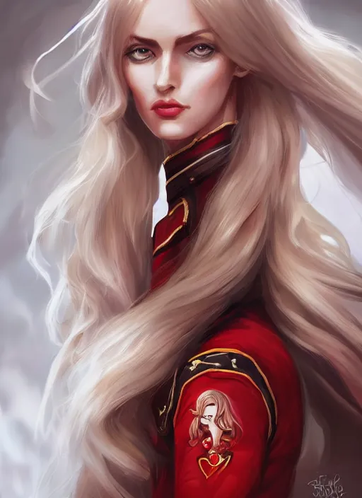 Prompt: a highly detailed illustration of beautiful long dirty blonde haired pale girl wearing red epaulette uniform, red eyes, dramatic seductive pose, curvaceous, intricate, elegant, highly detailed, centered, digital painting, artstation, concept art, smooth, sharp focus, league of legends concept art, WLOP