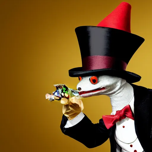 Prompt: Photo of a gecko in a top hat smoking a cigar, holding a martini