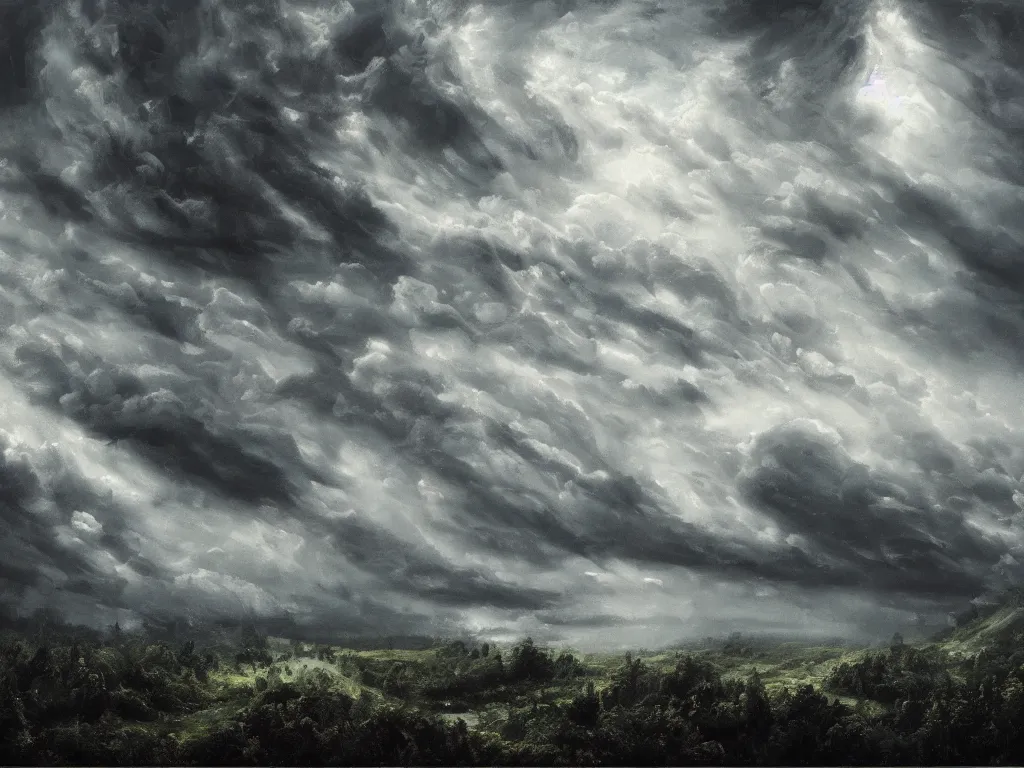 Image similar to detailed landscape, forests. very detailed dark super storm, hyper realistic clouds, impressive, magical, very atmospheric, smoke boiling, cinematic, deep, very high complexity, stunning, masterpiece, chiaroscuro, in the style of david holland and michael creese, very detailed. 4 k