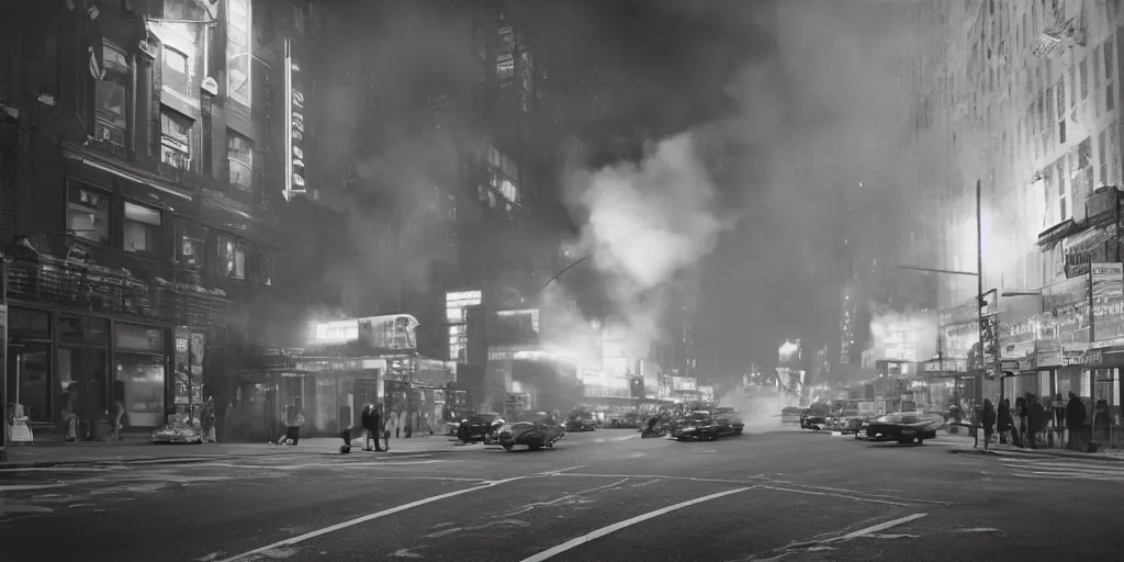 Image similar to a high resolution photo of a new york street at night surrounded with smoke and cars with bright headlights by joel meyerowitz, realistic photo, leica, magnum award winning photograph, parallax photography,