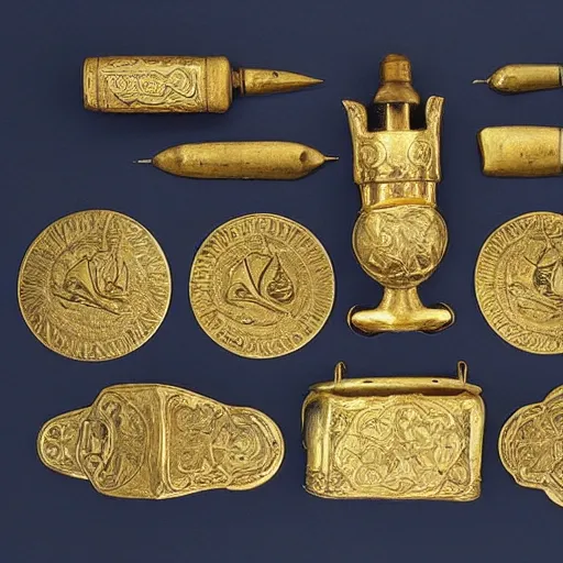 Prompt: anglo - saxon treasure, golden duck, torchlight