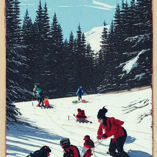 Prompt: Pogg and Yuurei sledding in Canada, 4k, sharp focus,woodcut art, greg rutkowski