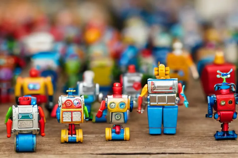 Prompt: miniature figurines of 1 9 5 0 s robot toys, tilt shift, product photography