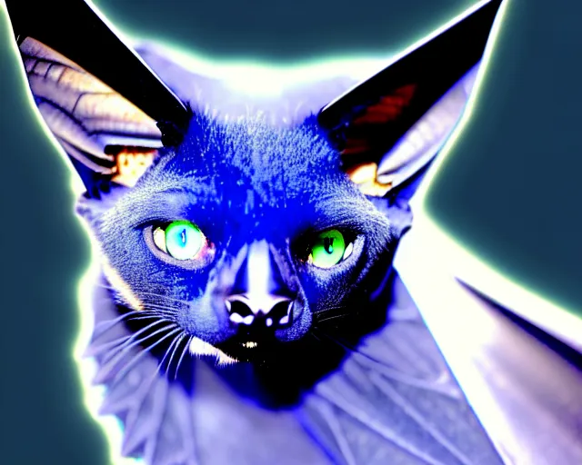 Image similar to a blue - and - black male catbat fursona with blue / green heterochromatic eyes ( differently - colored eyes, one eye green, one eye blue ) and huge bat ears, photo of the catbat streaming on his computer