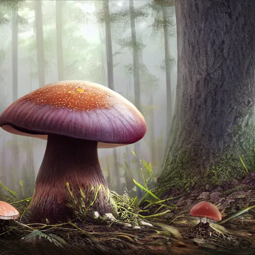 Image similar to photorealistic mushroom creature with big black shiny eyes, lurking in the forest, 8k, digital art, trending on art station