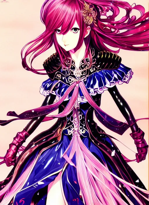 Image similar to exquisite imaginative fate manga poster of princess, long wavy hair, armor, ruffles, by shigenori soejima, minaba hideo, katsuhiro otomo, jump comics, fluorescent, illustration, artstation, dark fantastic, highly detailed, 8 k, maximalist