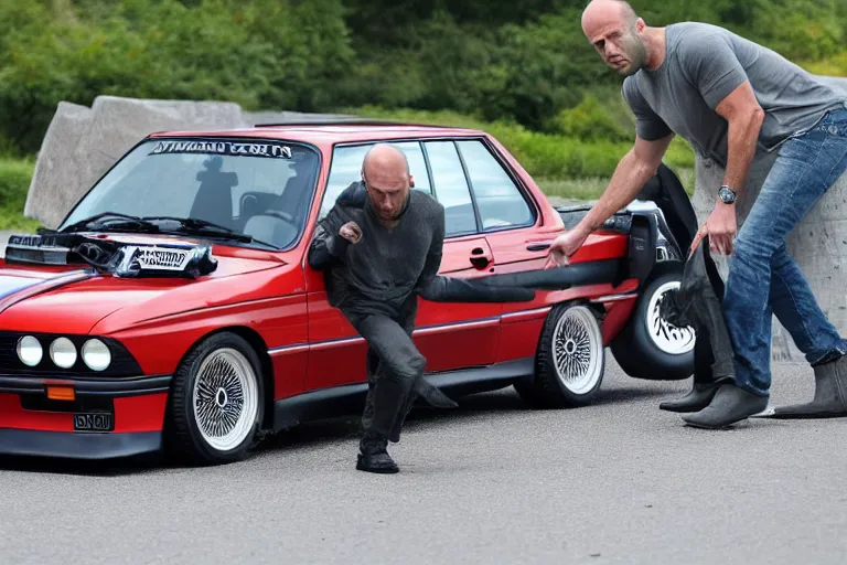 Image similar to Angry Jason Statham picks up BMW e30