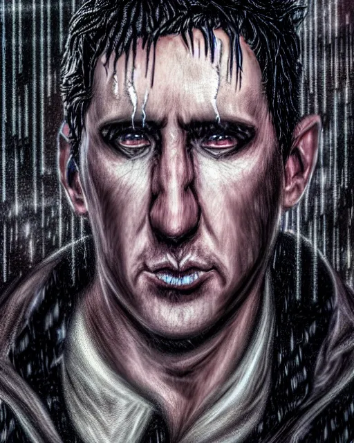 Prompt: An epic fantasy comic book style portrait painting of a very imposing Industrial goth Trent Reznor in the rain, wet hair, neon reflections, character design by Mark Ryden and Pixar and Hayao Miyazaki, unreal 5, DAZ, hyperrealistic, octane render, cosplay, RPG portrait, dynamic lighting, intricate detail, cinematic
