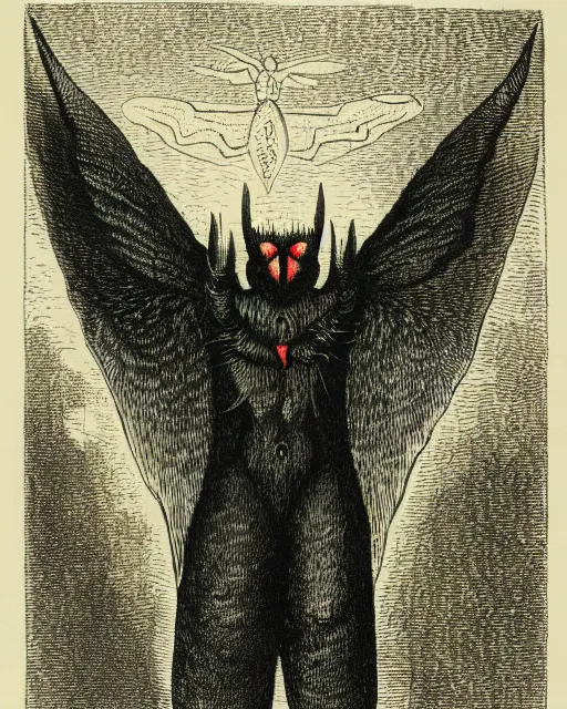 Image similar to illustration of mothman from the dictionarre infernal, etching by louis le breton, 1 8 6 9, 1 2 0 0 dpi scan