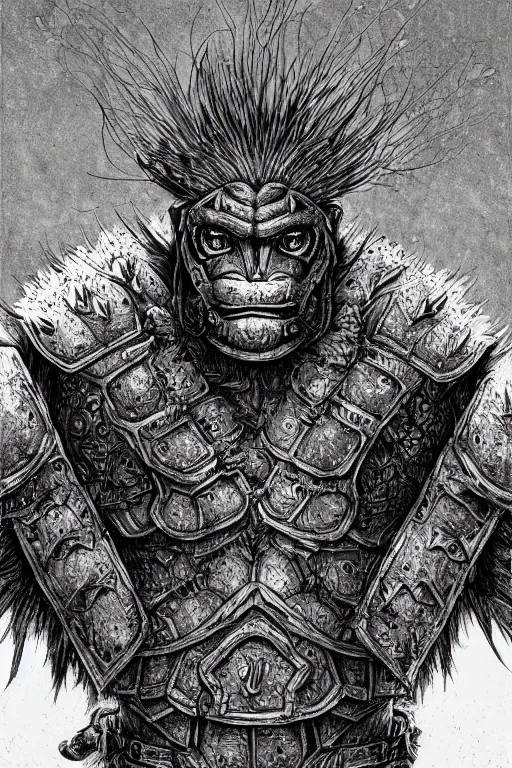 Prompt: armoured warrior humanoid ape monster, symmetrical, highly detailed, digital art, dandelion themed armour, sharp focus, trending on art station, kentaro miura manga art style