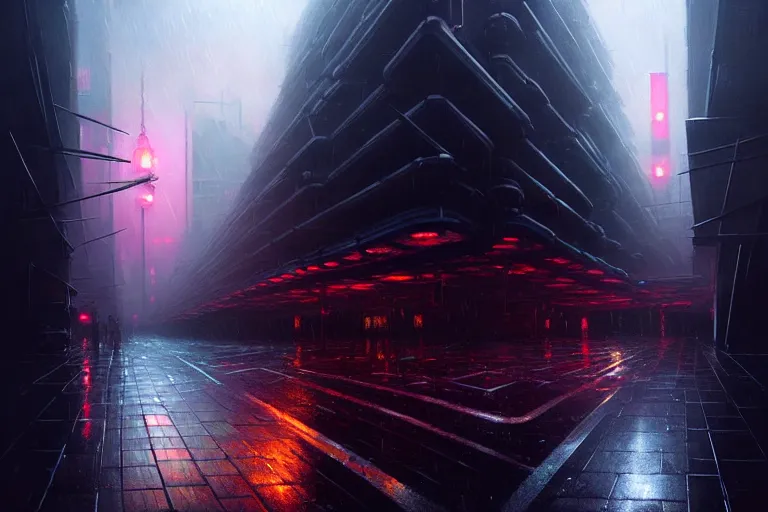 Image similar to gigantic cyberpunk megastructure, sidewalk, night, dramatic lighting, raining, chiaroscuro, high detail, painted by greg rutkowski, painted by igor kieryluk, painted by raymond swanland, trending on artstation