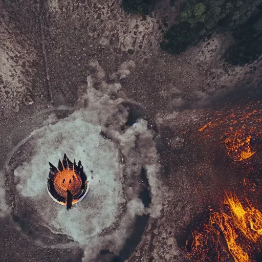 Image similar to ancient demon summoning, magic, volcanic acitvity, shot from drone