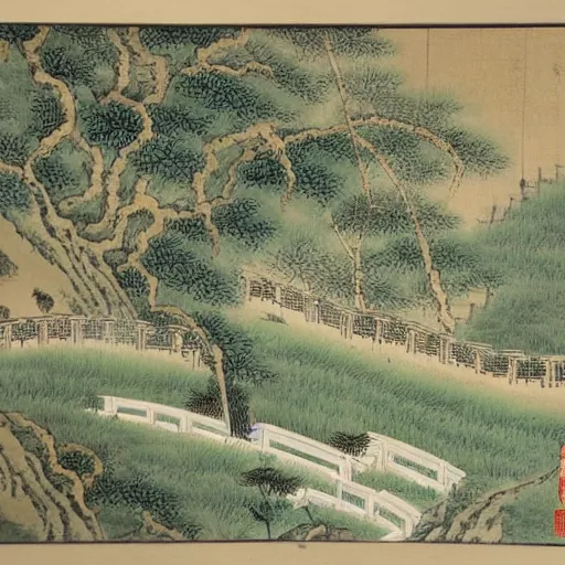 Prompt: Traditional Chinese painting. a small bridge, several cottages, with a stream flow. peach blossom. Flat and wide land with neat rows of houses. Fertile fields, beautiful ponds, and mulberry and bamboo forests. happy and comfortable