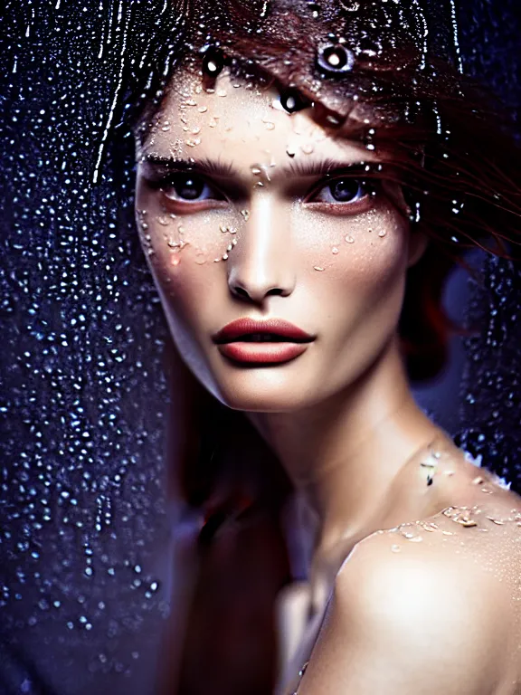 Image similar to fuji pro 4 0 0 h photo of a beautiful woman bianca balti style 3 / 4, hair surrounded by drops of water in style of zhang jingna, 5 0 mm lens, f 1. 2, elegant, highly detailed, sharp focus, head in focus, soft blur light, matt dreamy colours, volumetric lighting, hyper realistic, ultra detailed