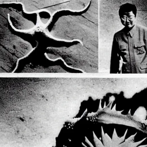 Prompt: rare vintage footage of a giant Kaiju Starfish monster, overshadowing Kim Jong-il, shin sang-ok and Choi Eun-hee escaping, obscured underexposed view