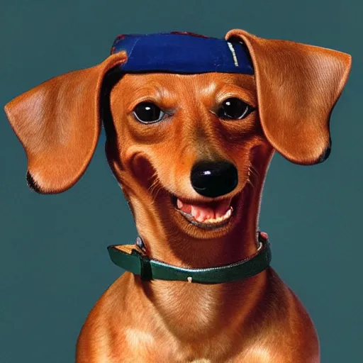 Prompt: very detailed portrait of a very happy dachshund, with a big smile, Norman Rockwell, Anne Geddes, 8k
