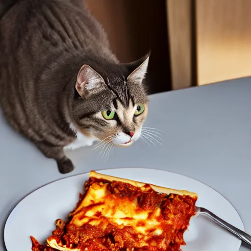 Prompt: Cat eating lasagna of the kitchen table, photorealistic, 40nm lens, 4k,