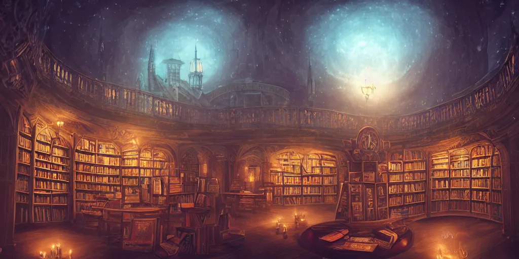 Prompt: magic library, star dome, dreamy, smoke, hogwarts style, birds, roses, fairy tale, evening lights, highly detailed, artstation, mysterious, comfort, in the style of aetherpunk