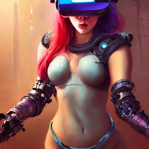 Image similar to portrait of a beautiful cybernetic tankgirl wearing an oculus rift headset, cyberpunk concept art by pete mohrbacher and artgerm and wlop and deathburger and syd mead, digital art, highly detailed, intricate, sci-fi, neon colors, sharp focus, Trending on Artstation HQ, deviantart, unreal engine 5, 4K UHD image