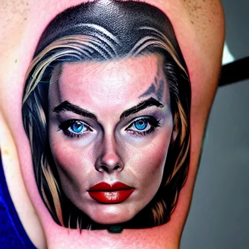 Image similar to face morph tattoo design of margot robbie with beautiful mountain scenery, in the style of chris mataafa, amazing detail