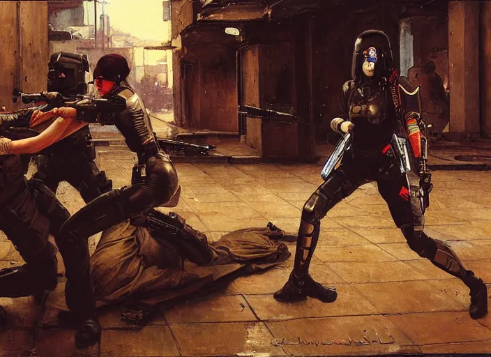 Image similar to sophia evades sgt griggs. Cyberpunk hitwoman escaping Cyberpunk police troopers in combat gear. (police state, Cyberpunk 2077, blade runner 2049). Cyberpunk Iranian orientalist portrait by john william waterhouse and Edwin Longsden Long and Theodore Ralli and Nasreddine Dinet, oil on canvas. Cinematic, Dramatic lighting.