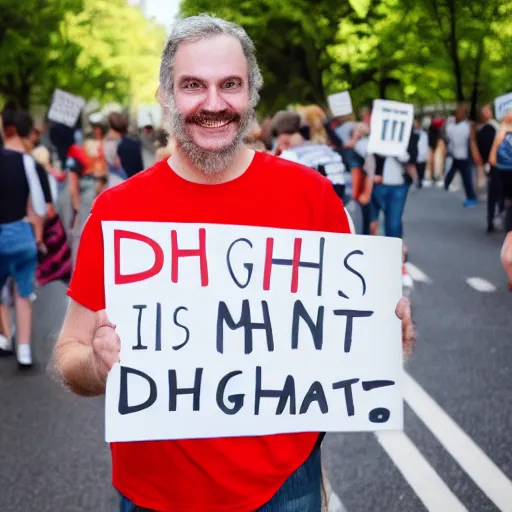 Prompt: photograph of smiling man holding a protest sign saying'dhsvdoabdjxhs sjsjsjdj djdididk ', high detail, 8 k resolution